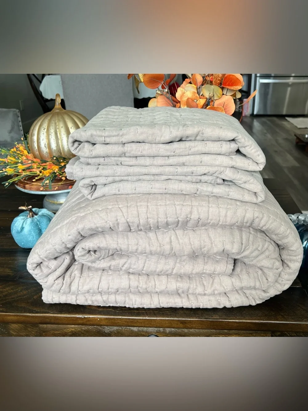 Quince - New European Linen Cotton Stitch Quilt with Shams- King/CalKing Stone